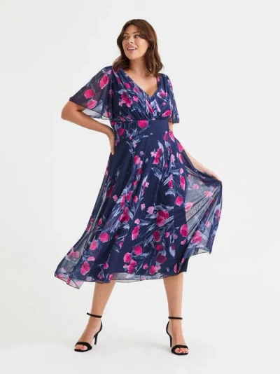 Scarlett & Jo Victoria Floral Angel Sleeve Midi Dress In Blue