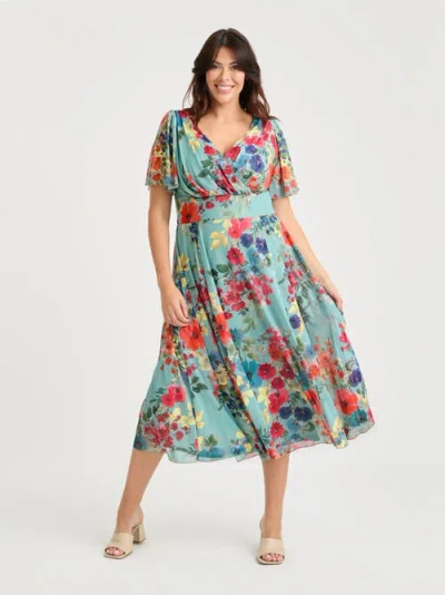 Scarlett & Jo Victoria Floral Angel Sleeve Midi Dress In Blue