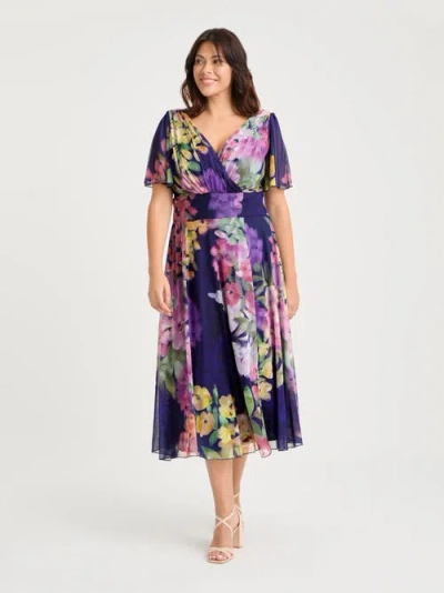 Scarlett & Jo Victoria Floral Angel Sleeve Midi Dress In Blue