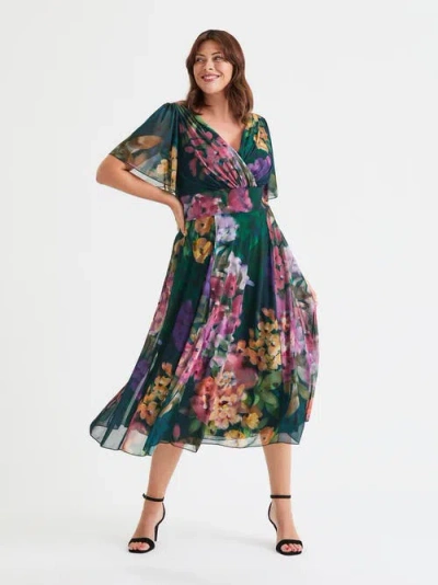 Scarlett & Jo Victoria Floral Angel Sleeve Midi Dress In Green