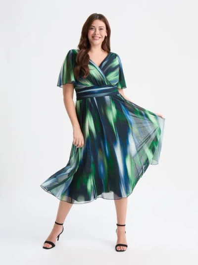 Scarlett & Jo Victoria Ikat Angel Sleeve Midi Dress In Green