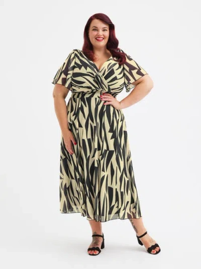 Scarlett & Jo Victoria Printed Angel Sleeve Midi Dress In Black Ivory