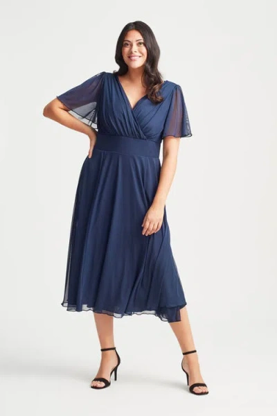 Scarlett & Jo Victoria Solid Angel Sleeve Midi Dress In Blue