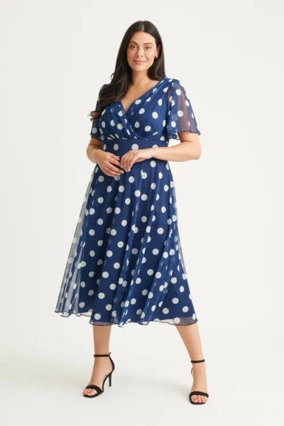 Scarlett & Jo Victoria Spot Angel Sleeve Midi Dress In Blue