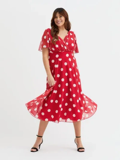 Scarlett & Jo Victoria Spot Angel Sleeve Midi Dress In Red