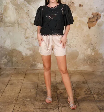 Scarlett Poppies Cutwork Embroidered Linen Balloon Sleeve Top In Black