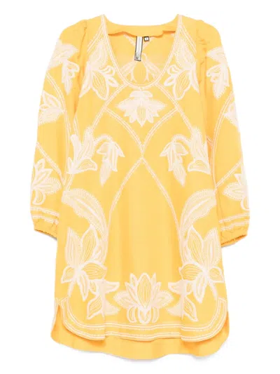 Scarlett Poppies Eileen Floral-embroidered Mini Dress In Yellow