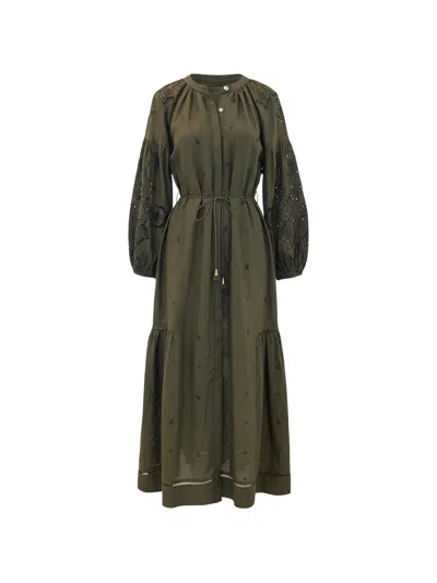 Scarlett Poppies Embroidered Balloon-sleeve Dress In Green
