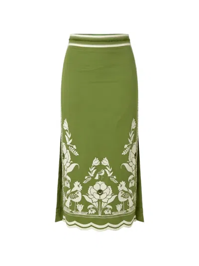 Scarlett Poppies Embroidered Scalloped-hem Maxi Skirt In Green