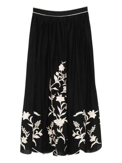 Scarlett Poppies Estepona Floral-embroidered Midi Skirt In Black
