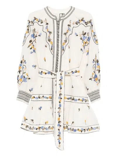 Scarlett Poppies Fiucci Embroidered Belted Mini Dress In White