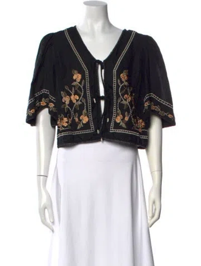 Pre-owned Scarlett Poppies Floral Print V-neck Top In Black