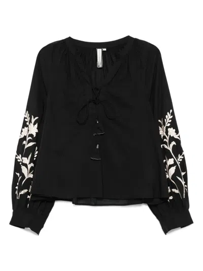 Scarlett Poppies Marbella Lace-up Embroidered Blouse In Black