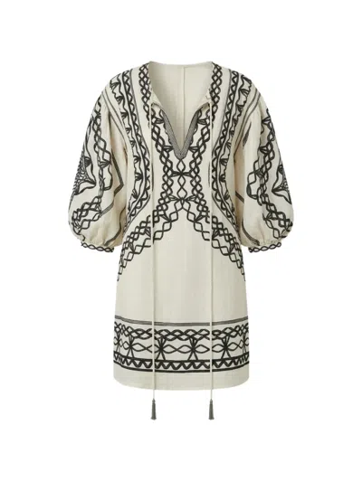 Scarlett Poppies Portofina Embroidered Balloon-sleeve Mini Dress In Neutral