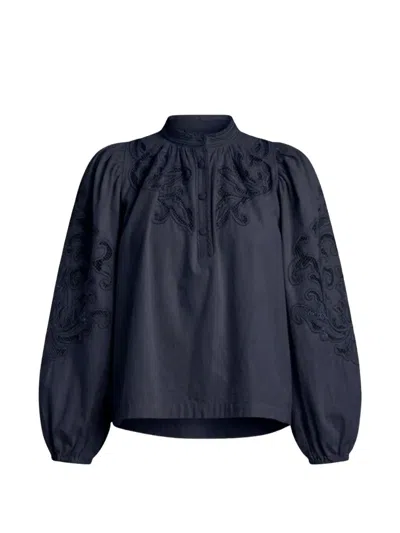 Scarlett Poppies Vesma Embroidered Balloon-sleeve Top In Blue