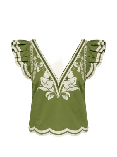 Scarlett Poppies Vittore Embroidered Ruffled Top In Green