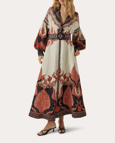 Scarlett Poppies Women's Florista Beaded Paisley Maxi Shirt Dress Linen/viscose In White