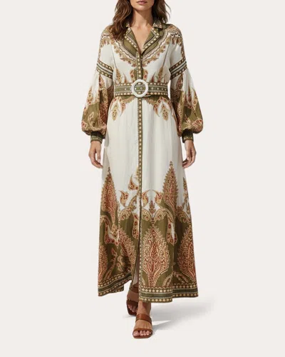 Scarlett Poppies Women's Florista Beaded Paisley Maxi Shirt Dress Linen/viscose In White