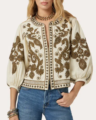 Scarlett Poppies Women's Maris Embroidered Bead Puff-sleeve Crop Jacket Linen/viscose/tencel In Multi