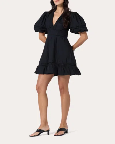Scarlett Poppies Women's Olga Embroidered Poplin Puff-sleeve Mini Dress In Black
