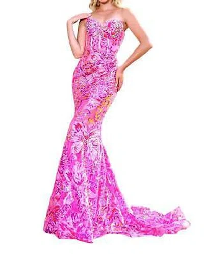Pre-owned Scarlett Portia& Floral Appliqué Strapless Corset Fit-and-flare Gown With Sweep In Pink