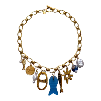 Sccollection Women's Blue Mare Seaglass Fish Charm Necklace In Gold
