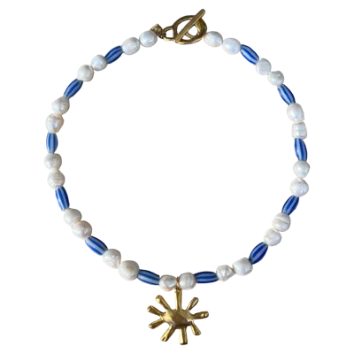 Sccollection Women's Blue / White / Gold Blu Pearl Eye Necklace In Multi