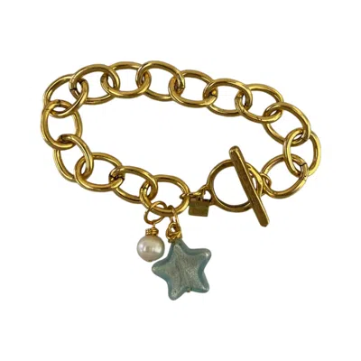 Sccollection Women's Gold / Green Lille Glass Star Bracelet- Aquamarine