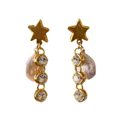Sccollection Women's Gold Ziggy Star & Pearl Earrings