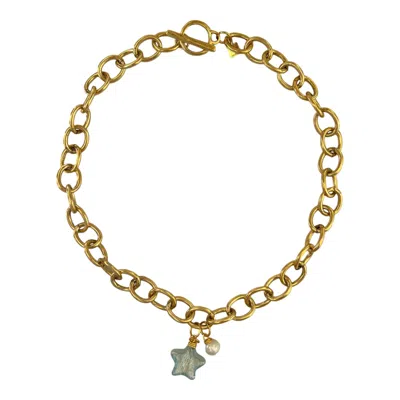 Sccollection Women's Green / Gold Lille Glass Star Necklace- Aquamarine