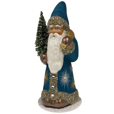 Schaller Paper Mache Candy Container - Santa In Aqua With Fancy Stars And Crystal Details