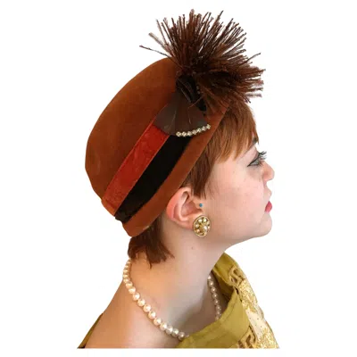 Pre-owned Schiaparelli 1950s  Paris Velour Cocktail Hat - Feather Pom And Rhinestone Trim In Brown