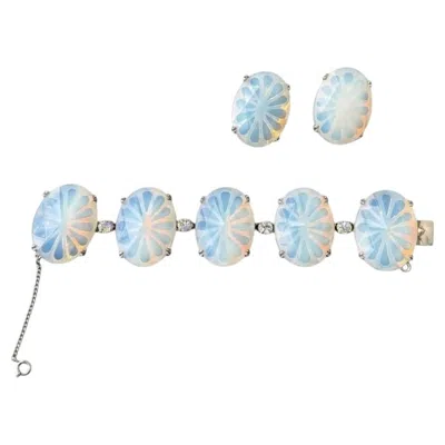 Pre-owned Schiaparelli 1960s Opaline Glass Bracelet & Clip-on Earrings Set, Signed In Multiple