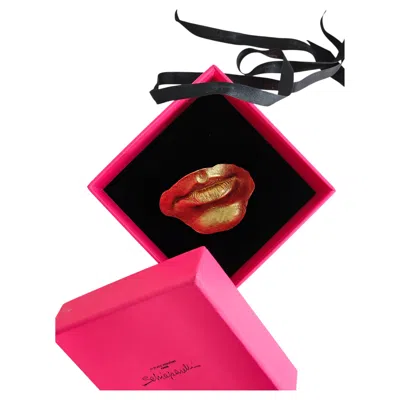 Pre-owned Schiaparelli Brooch Mouth - Hammered Gold Brass, Rhinestone Piercing ! In Multi