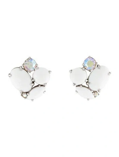 Pre-owned Schiaparelli Crystal & Enamel Clip-on Stud Earrings In White