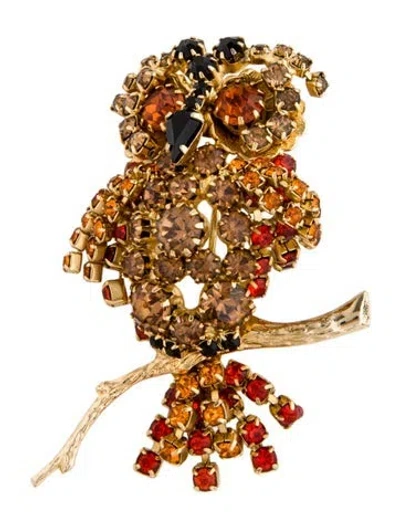 Pre-owned Schiaparelli Crystal Owl Brooch Pin In Black/brown/orange