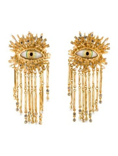 Pre-owned Schiaparelli Faux Pearl & Crystal Eye Earclip Drop Earrings