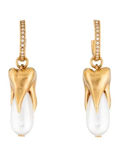 Pre-owned Schiaparelli Faux Pearl & Crystal Tooth Hoop Drop Earrings In Multicolor