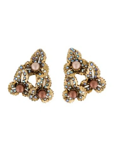 Pre-owned Schiaparelli Faux Pearl & Watermelon Crystal Clip-on Earrings In Blue/brown/pink