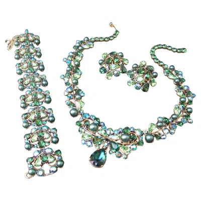 Pre-owned Schiaparelli Glittering Green Crystal Necklace Bracelet & Earrings C 1950
