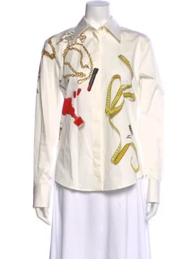 Pre-owned Schiaparelli Graphic Print Long Sleeve Blouse In White