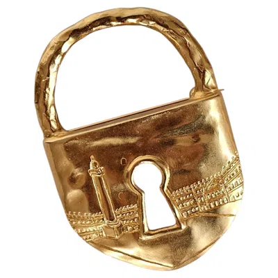Pre-owned Schiaparelli Hammered Gold Brass Padlock Brooch, Engraved / Place Vendôme In Multi