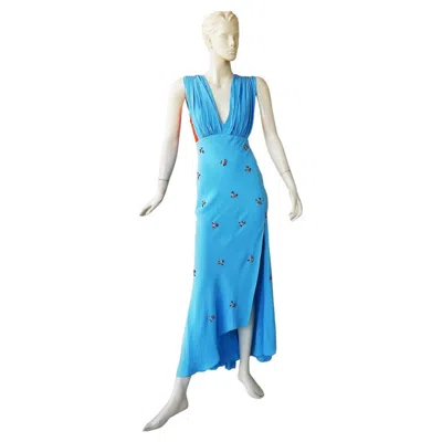Pre-owned Schiaparelli Nwt  Jeweled Flowers Silk Evening Dress In Blue