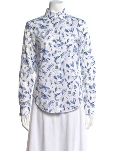 Pre-owned Schiaparelli Printed Long Sleeve Button-up Top In White