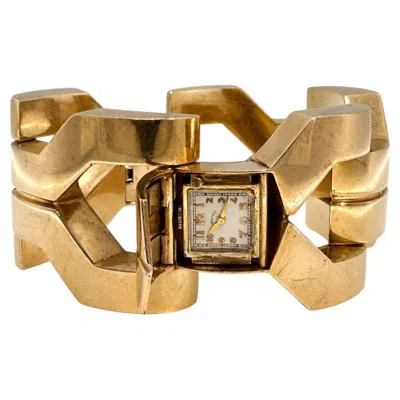 Pre-owned Schiaparelli Vintage 14k Yellow Gold Wide Link Bracelet  Hamilton Hidden Watch