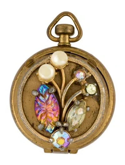Pre-owned Schiaparelli Vintage Crystal & Faux Pearl Locket Pendant, 1.5" In Multi