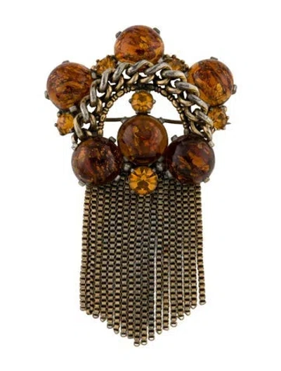 Pre-owned Schiaparelli Vintage Crystal & Resin Tassel Brooch Pin In Brown