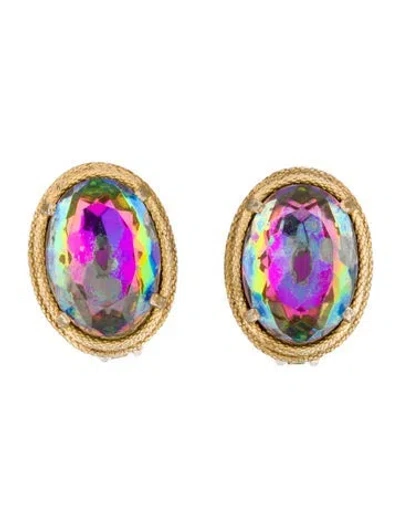 Pre-owned Schiaparelli Vintage Crystal Iridescent Clip-on Earrings In Blue/green/purple