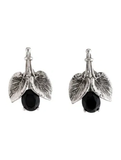Pre-owned Schiaparelli Vintage Crystal Textured Leaf Clip-on Earrings In Black