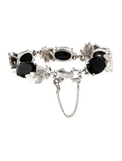 Pre-owned Schiaparelli Vintage Crystal Textured Leaf Link Bracelet, 9.25" In Black